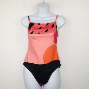 Collar Women's M One Piece Swimsuit Adjustable Straps Cheeky Colorblock Pink AJ4